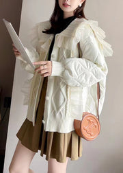 Classy White Ruffled Knit Patchwork Cotton Filled Coat Long Sleeve