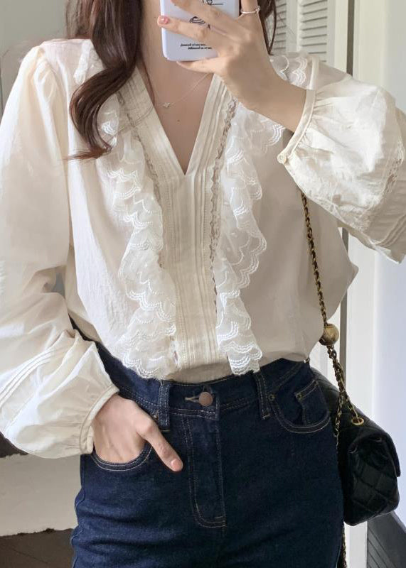 Classy White Ruffled Patchwork Lace Cotton Blouse Top Spring