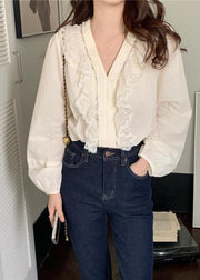 Classy White Ruffled Patchwork Lace Cotton Blouse Top Spring
