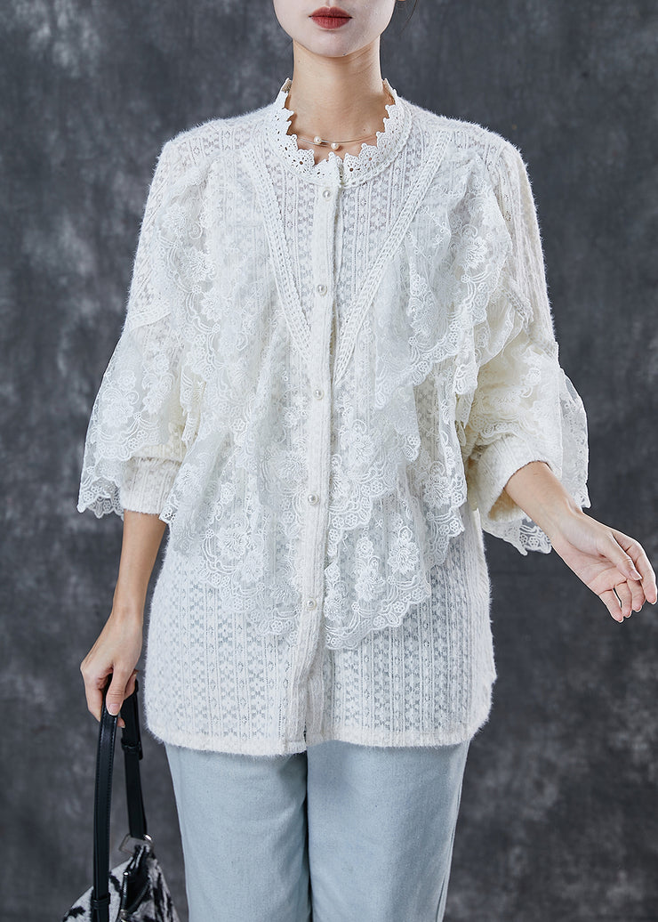 Classy White Ruffled Patchwork Lace Shirt Top Spring