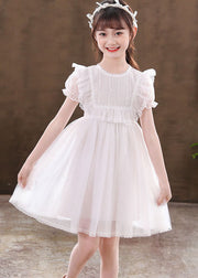 Classy White Ruffled Patchwork Tulle Kids Girls Dresses Summer