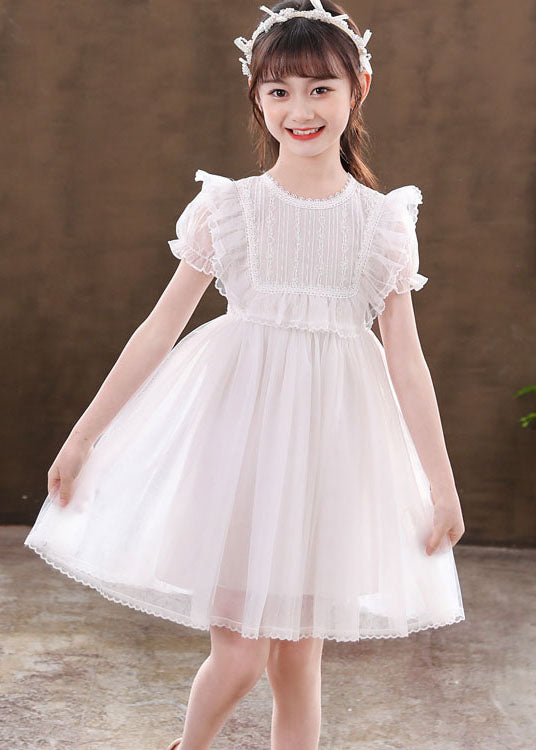 Classy White Ruffled Patchwork Tulle Kids Girls Dresses Summer