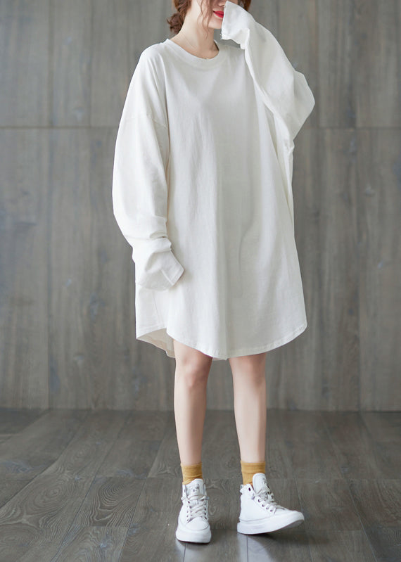 Classy White Solid O-Neck Loose A Line Dress Long Sleeve