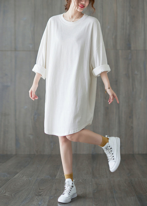 Classy White Solid O-Neck Loose A Line Dress Long Sleeve