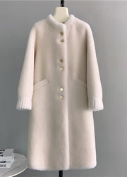 Classy White Stand Collar Pockets Button Woolen Coat Winter