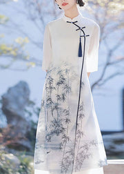 Classy White Stand Collar Tasseled Patchwork Print Chiffon Dress Summer