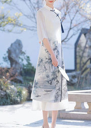 Classy White Stand Collar Tasseled Patchwork Print Chiffon Dress Summer