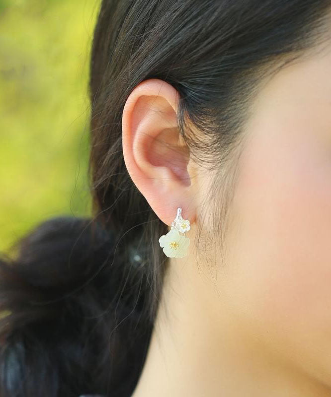 Classy White Sterling Silver Inlaid Jade Floral Hoop Earrings