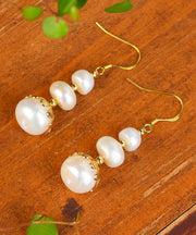Classy White Sterling Silver Overgild Inlaid Pearl Drop Earrings
