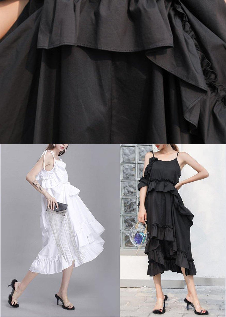 Classy White Summer asymmetrical design Cotton Spaghetti Strap Dress - SooLinen