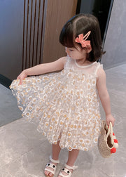 Classy White Sunflower Lace Patchwork Tulle Girls Mid Dress Summer