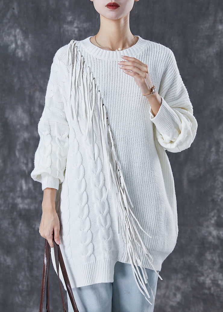 Classy White Tasseled Patchwork Knit Knit Sweater Dress Winter