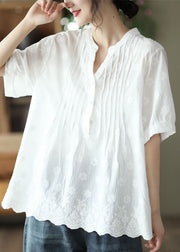 Classy White V Neck Embroidered Patchwork Cotton Shirt Top Summer