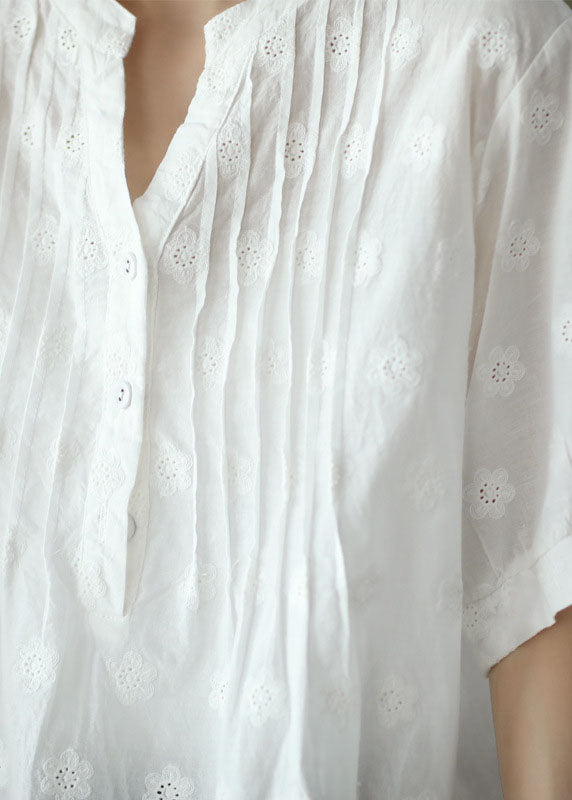 Classy White V Neck Embroidered Patchwork Cotton Shirt Top Summer