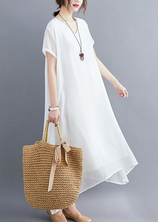 Classy White V Neck Exra Large Hem Cotton A Line Dresses Summer