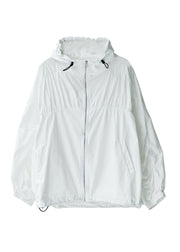 Classy White Zippered Drawstring Cotton Hooded Coat Fall