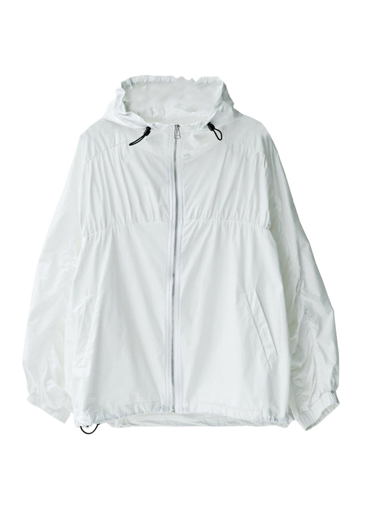 Classy White Zippered Drawstring Cotton Hooded Coat Fall