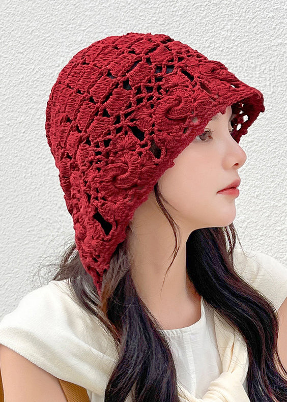 Classy Wine Red Floral Hollow Out Knitted Cotton Bonnie Hat