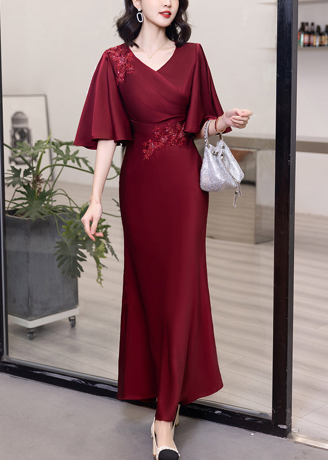 Classy Wine Red V Neck Embroidered Cotton Long Dresses Butterfly Sleeve