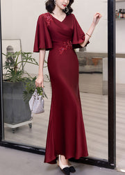 Classy Wine Red V Neck Embroidered Cotton Long Dresses Butterfly Sleeve
