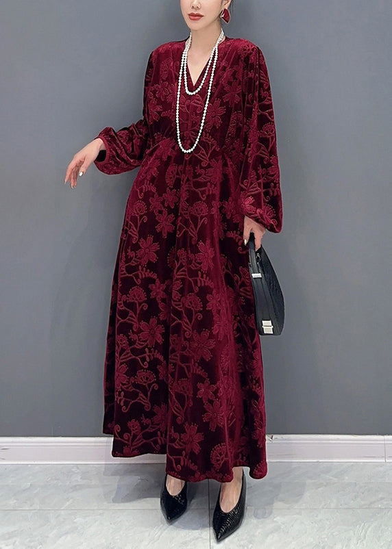 Classy Wine Red V Neck Pockets Silk Velour Long Dresses Fall