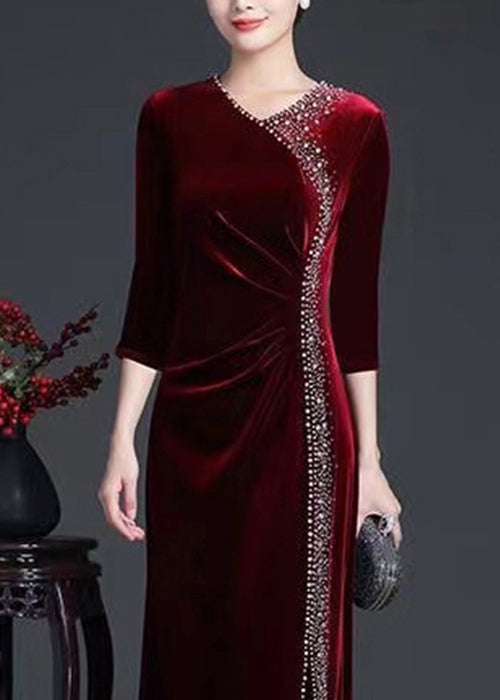 Classy Wine Red V Neck Zircon Side Open Silk Velour Long Dress Fall