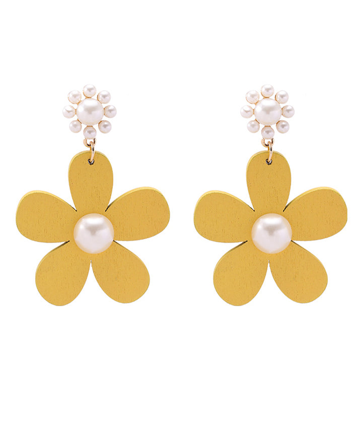 Classy Yellow Daisy Floral Pearl Drop Earrings