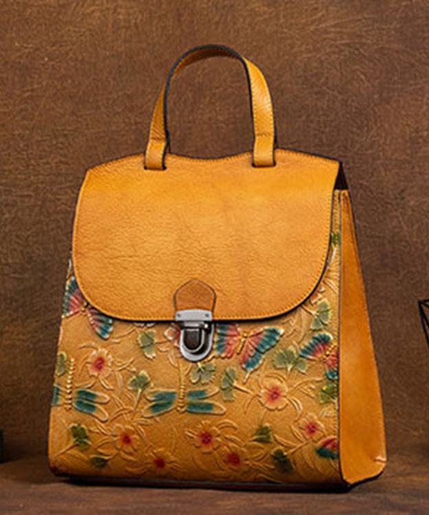 Classy Yellow Embossing Paitings Calf Leather Backpack Bag