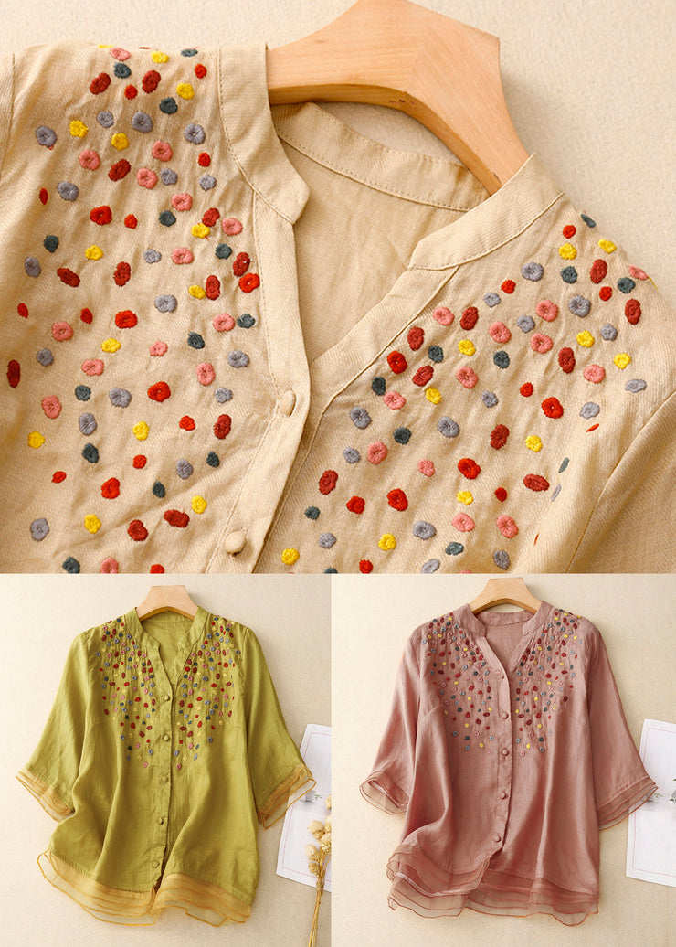 Classy Yellow Embroideried Button Cotton Blouses Spring
