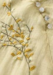 Classy Yellow Embroidered Button Linen Dresses Bracelet Sleeve