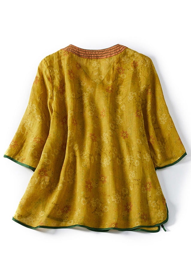Classy Yellow Embroideried Lace Up Cotton Blouses Spring
