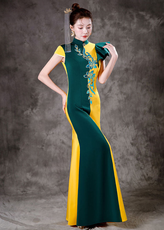 Classy Yellow Green Colorblock Asymmetrical Ruffled Silk Party Long Dress Short Sleeve