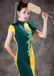 Classy Yellow Green Colorblock Asymmetrical Ruffled Silk Party Long Dress Short Sleeve