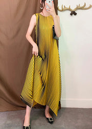 Classy Yellow O-Neck Asymmetrical Striped Holiday Dress Sleeveless