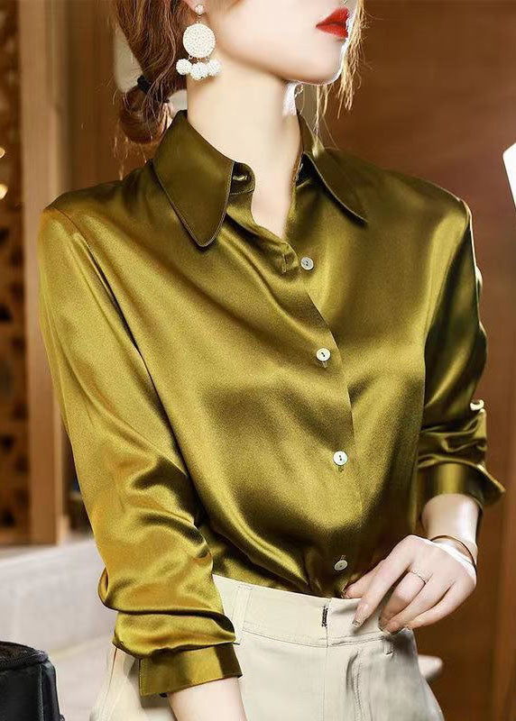Classy Yellow Peter Pan Collar Button Patchwork Silk Shirt Spring