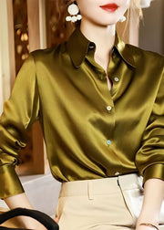 Classy Yellow Peter Pan Collar Button Patchwork Silk Shirt Spring