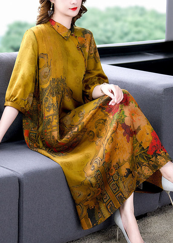 Classy Yellow Peter Pan Collar Print Wrinkled Patchwork Silk Dresses Summer