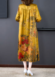 Classy Yellow Peter Pan Collar Print Wrinkled Patchwork Silk Dresses Summer