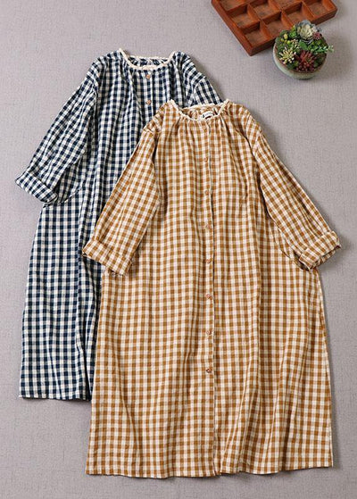Classy Yellow Plaid Ruffled wrinkled Pockets Fall Patchwork Vacation Dresses Long sleeve - SooLinen