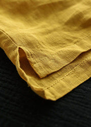 Classy Yellow Solid V Neck Patchwork Linen Tops Short Sleeve