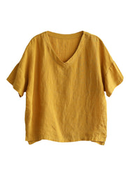 Classy Yellow Solid V Neck Patchwork Linen Tops Short Sleeve