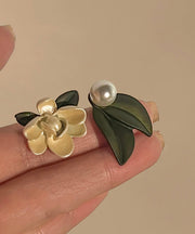 Classy Yellow Sterling Silver Asymmetricar Pearl Gardenia Stud Earrings