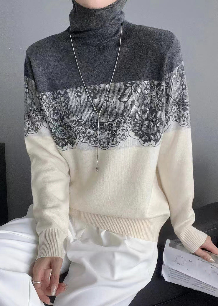 Classy Yellow Turtleneck Patchwork Wool Knit Sweaters Fall