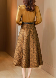 Classy Yellow V Neck Jacquard Tie Waist Patchwork Silk Dress Fall