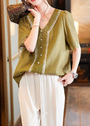 Classy Yellow V Neck Lace Nail Bead Patchwork Cotton Shirt Summer