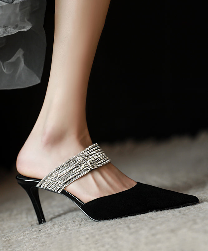 Classy Zircon Splicing Stiletto Black Suede Slide Sandals