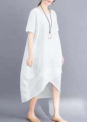 Classy asymmetric patchwork cotton tunic top pattern white o neck long Dresses summer - SooLinen
