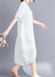 Classy asymmetric patchwork cotton tunic top pattern white o neck long Dresses summer - SooLinen