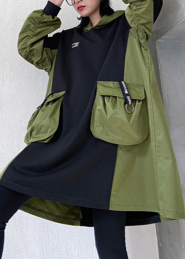 Classy black Cotton Tunics big pockets short patchwork Dresses - SooLinen