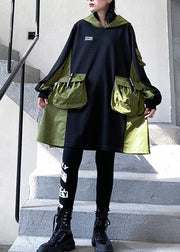 Classy black Cotton Tunics big pockets short patchwork Dresses - SooLinen